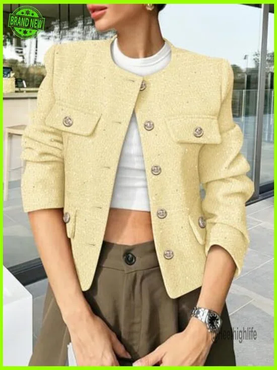 Cropped Tweed Blazer Collarless Button Down Long Sleeve Pockets - Picture 4 of 6